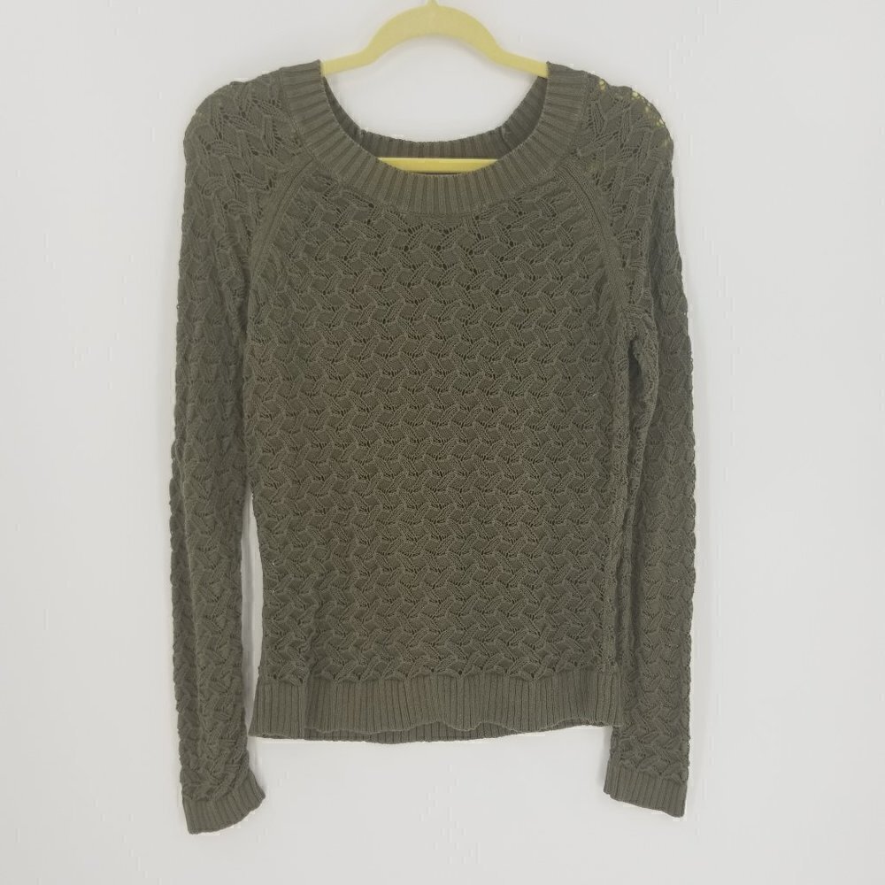 Loft Woven Knit Olive Green Round Neck Chunky Knit Sweater Size Medium